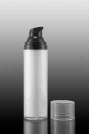 Okrągła butelka airless 100 ml, biała , czarna pompka ,czarny kołnierz, PP i PMMA