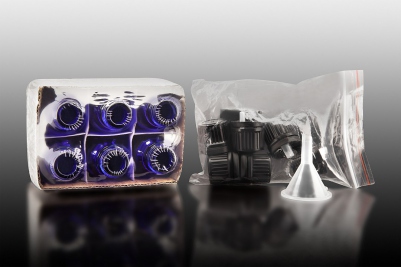 Zestaw 6 butelek szklanych 15 ml z nakrętką PP z kontrolą pierwszego otwarcia i kroplomierzem oraz z lejkiem